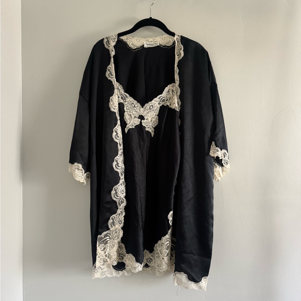 Dior Black Satin Lace-Trim Robe and Chemise Set